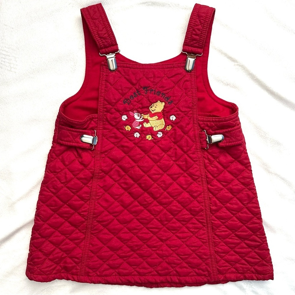 Vintage Winnie the Pooh & Piglet Red Embroidered Quilted Overall Jumper Dress 3T